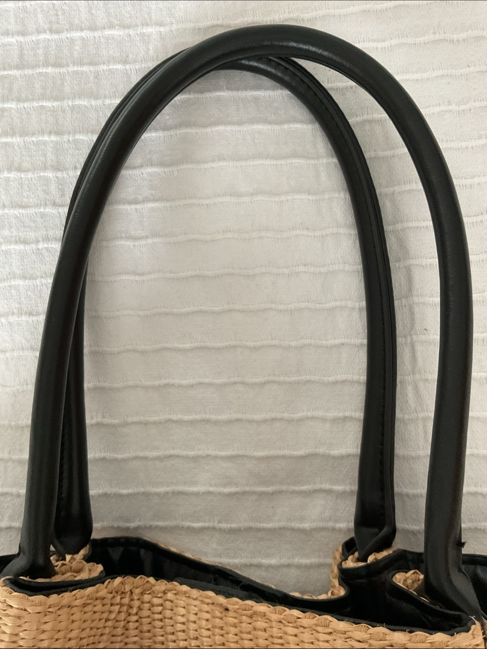 Urban Expressions Classic Tan Woven Tote Bag with Black Handles - Picture 3 of 10